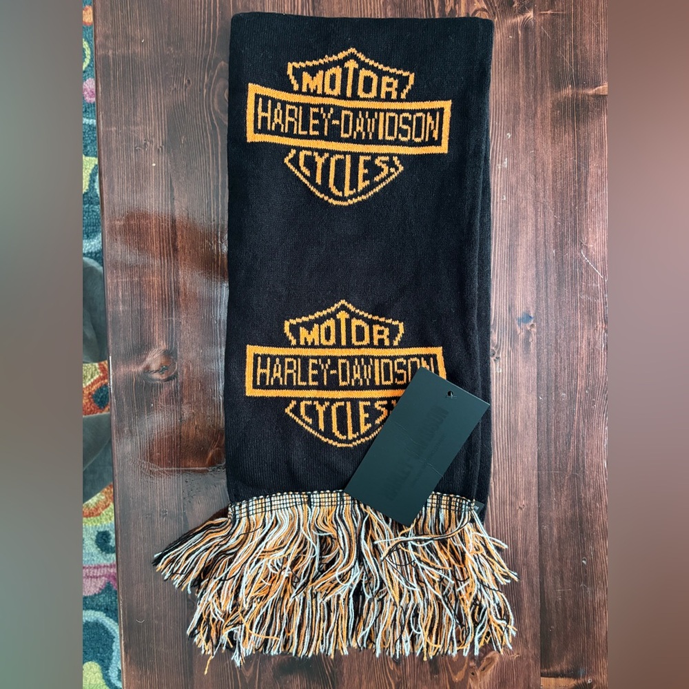 Harley-Davidson Black and Orange Logo Scarf with Tassel Fringe